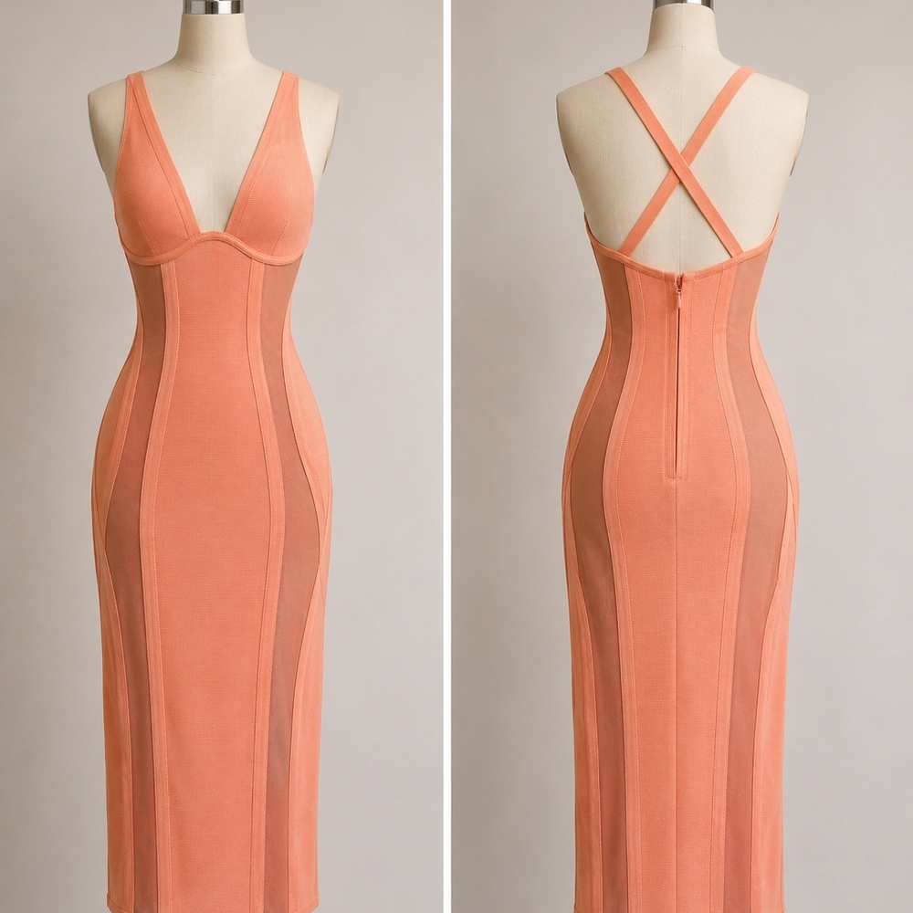 House of CB Coral-Orange Bodycon Midi Dress with Crossback Straps